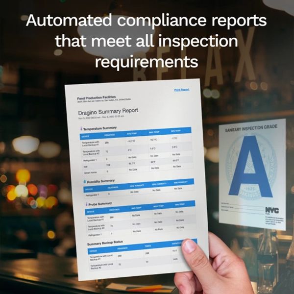 Hand holding an automated compliance report for food production with a sanitary grade A sticker in the background.