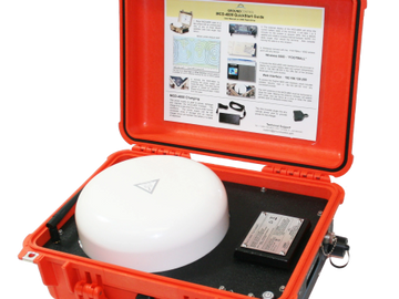 Portable orange case with electronic device and quick start guide inside.