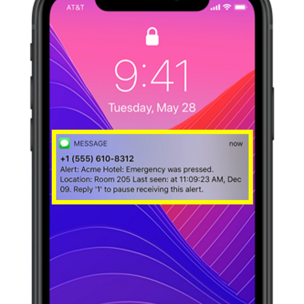 iPhone showing an emergency alert message from Acme Hotel about Room 205.