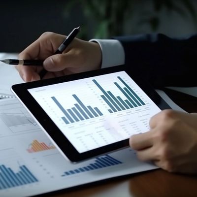 Person analyzing bar charts on a tablet and paper at a desk.