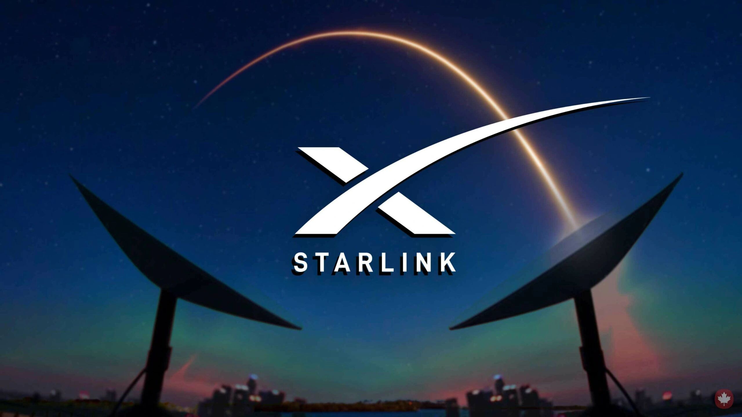 Starlink logo with two satellite dishes under a night sky and a glowing arc.