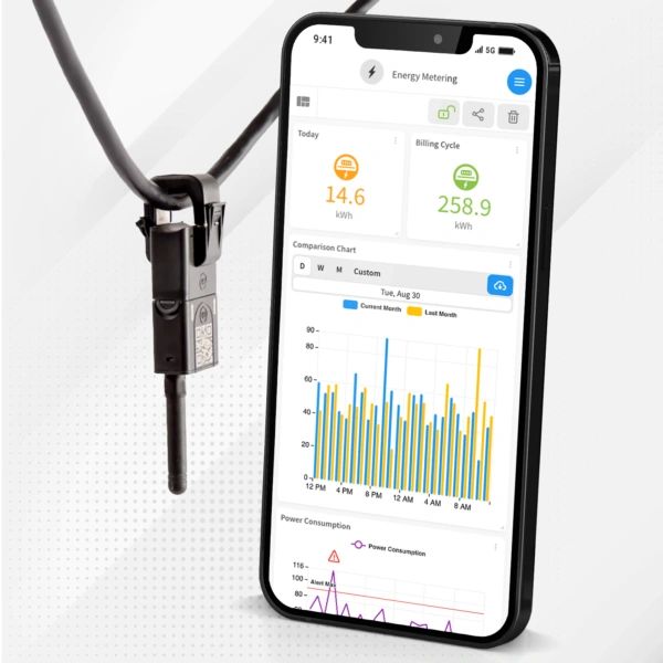 Smartphone displaying an energy metering app with consumption charts and data.