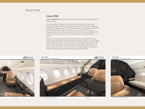 Images of the interior of a private jet featured on the Completion Designers website.