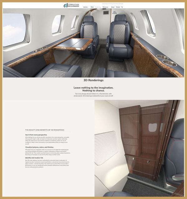A photo of the interior of a private jet featured on the Completion Designers website.