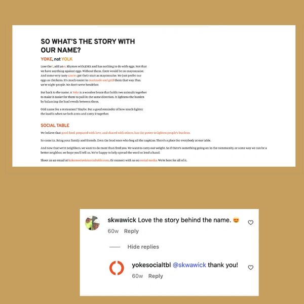 Screenshot of a section of Yoke Social Table's about page showing website content.
