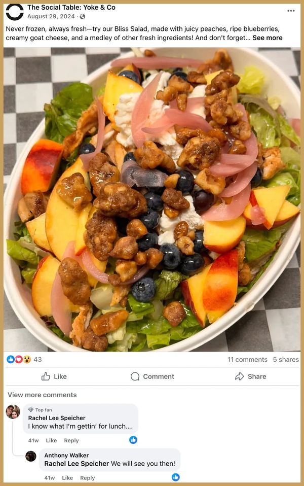 Screen capture of a facebook post for Yoke Social Table.