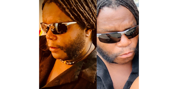 Man with dreadlocks and sunglasses, shown in two close-up portraits.