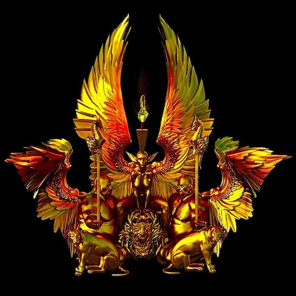 Golden winged statues with lions and torches on black background.