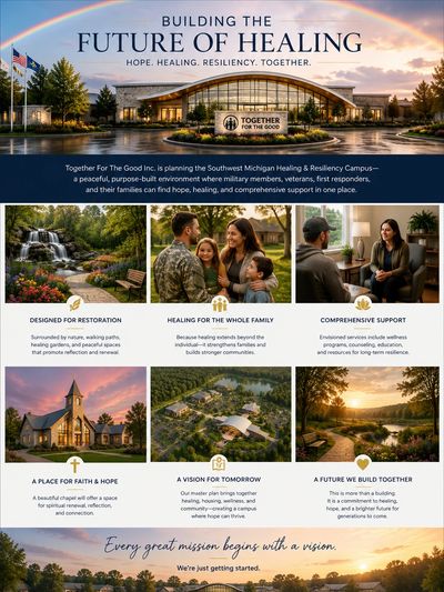 Healing and resilience campus for military families with nature and community support.