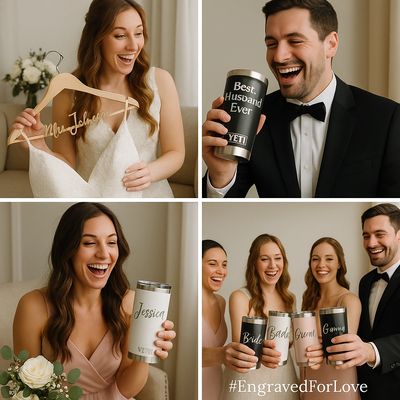Happy bride and groom with personalized wedding drink tumblers.