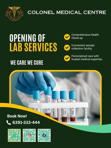 Opening of lab services at Colonel Medical Centre with comprehensive health check-up and home sample collection.