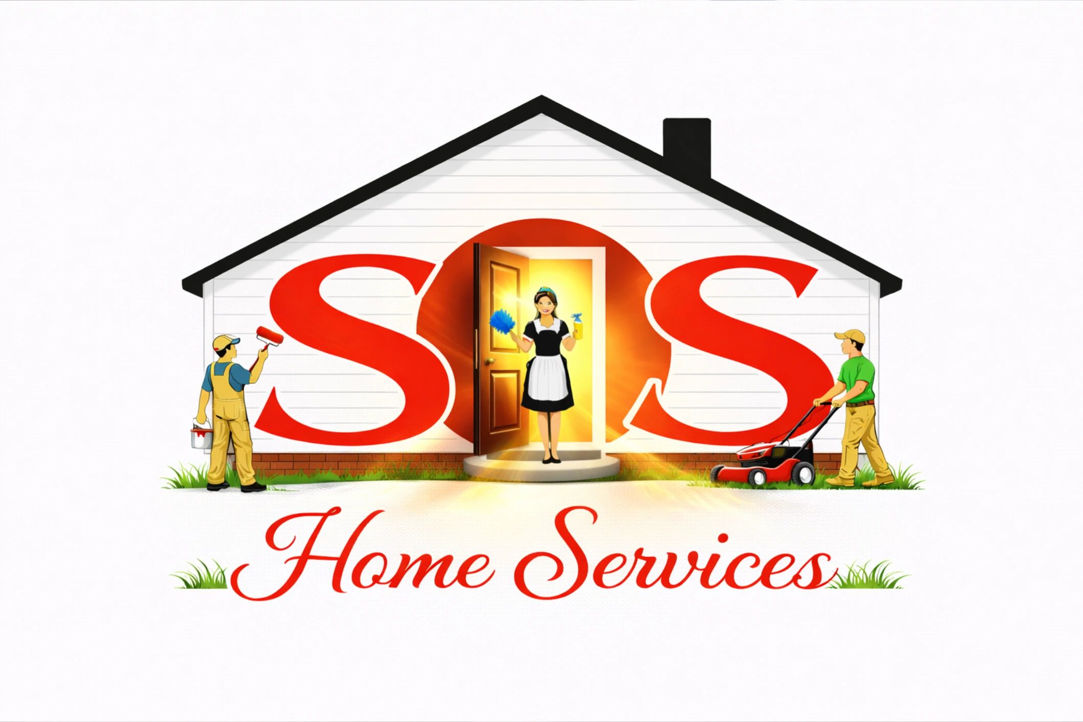 Logo of SOS Home Services featuring cleaning and lawn care workers around a house.