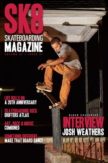 Skateboarder Josh Weathers performing a trick on a railing at night for SK8 magazine cover.