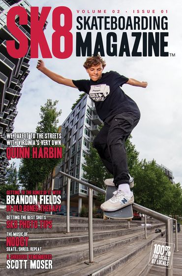 Skateboarder Quinn Harbin grinds a handrail in urban setting on SK8 Skateboarding Magazine cover.