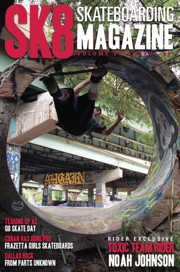 Skateboarder Noah Johnson rides a graffiti-covered skate spot under a bridge.