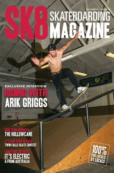 Skateboarder Arik Griggs performing a trick on a rail indoors.
