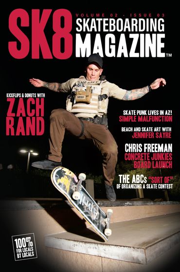 Skateboarder in sheriff gear performs trick on magazine cover at night.