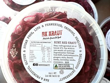 Container of BK Kraut Ruby Red Kraut with nutrition and ingredient details.