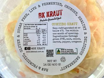 BK Kraut Curtido Kraut, a fermented probiotic sauerkraut made with cabbage, carrot, and spices.