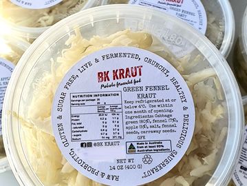 Containers of BK Kraut Green Fennel Kraut with nutrition and ingredient labels.