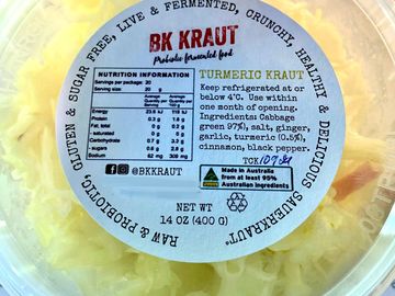 BK Kraut turmeric sauerkraut with probiotic benefits and natural ingredients.