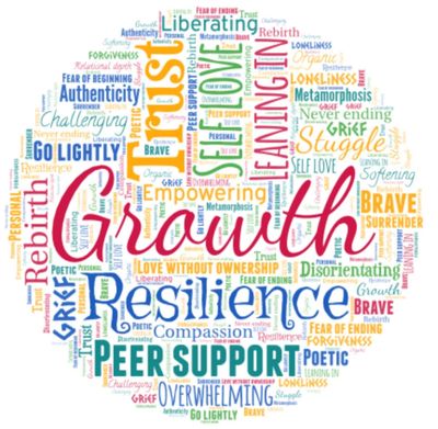 Word cloud featuring themes of growth, resilience, and peer support.