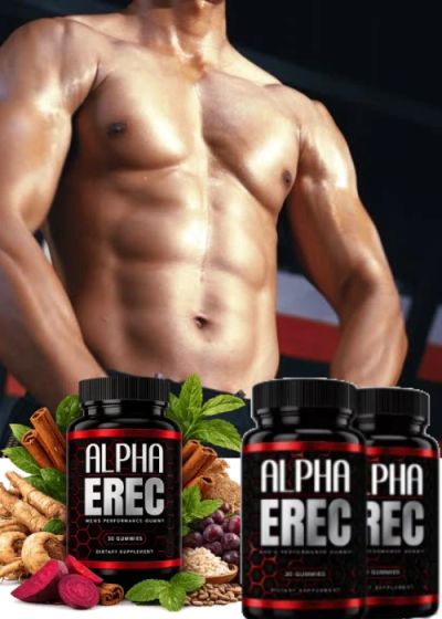 Muscular man's torso with Alpha Erec supplement bottles.