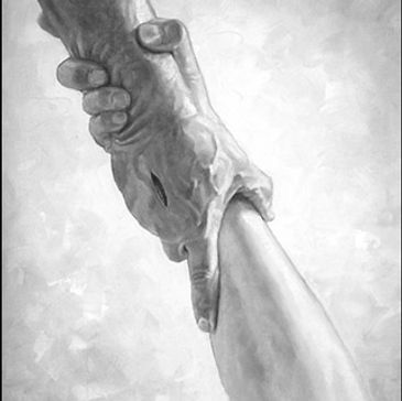 One hand helping by pulling another hand up.