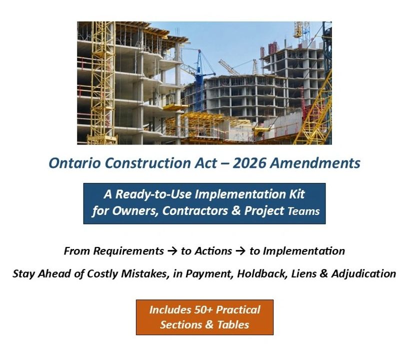 Cover page for Ontario Construction Act 2026 Amendments implementation kit for construction stakeholders.