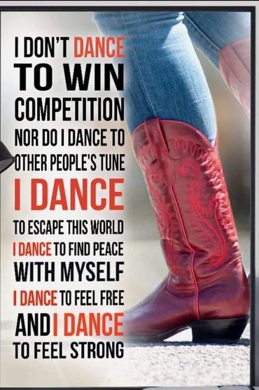 Inspirational dance quote next to a person wearing red cowboy boots and jeans.