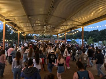 A large group of people dancing under a covered outdoor space with string lights.