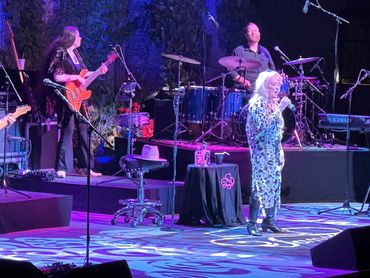 A band performs on stage with a female singer in a leopard print outfit.