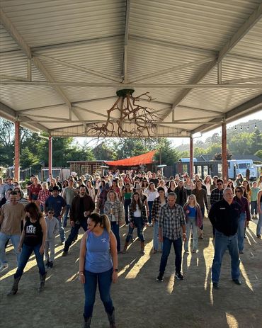 Large group learning line dance under pavilion with instructor.