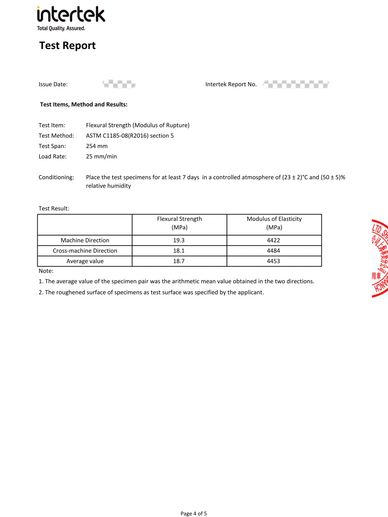 Flexural strength dimension tolerance bending strength VOC test Intertek EN12467