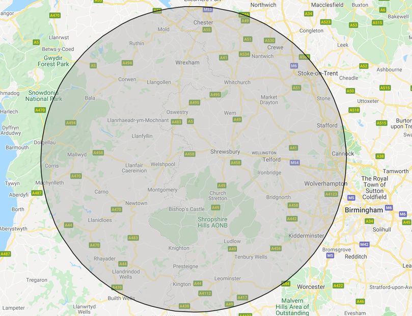 The full area that BH Tree Care covers, all of Shropshire, Powys, Denbighshire, Herefordshire.