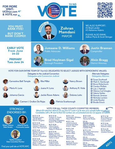 NYC June Primary Uptown Community Democrats candidates endorsements for the 71st AD.