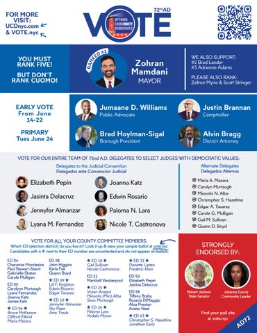 NYC June Primary Uptown Community Democrats candidates endorsements for the 72nd AD.