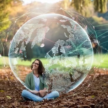 someone sat in the woods thinking about the impact of the world of technology on the planet