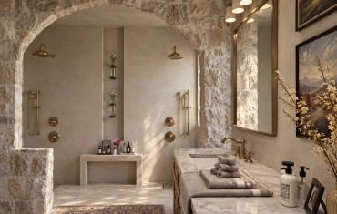 Elegant bathroom with stone arch and gold fixtures.