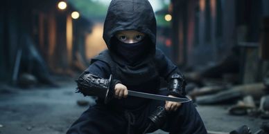 Kid dressed as a ninja with a sword