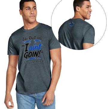 Man wearing a dark gray graphic tee with text on front and back.