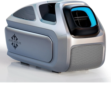 A sleek, futuristic air conditioning unit named Zero Breeze with a compact design.
