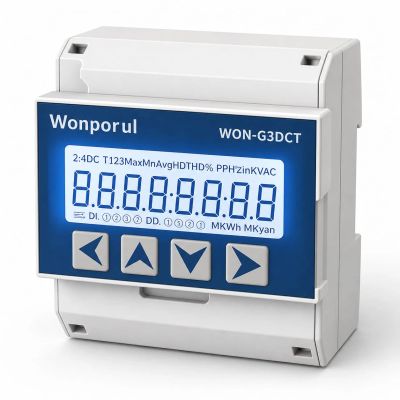 Digital electricity meter with blue display and control buttons.