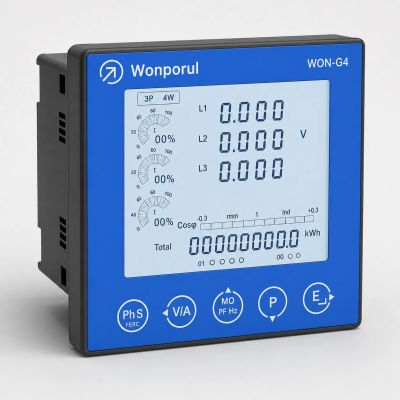 Digital energy meter with blue interface and multiple readings.