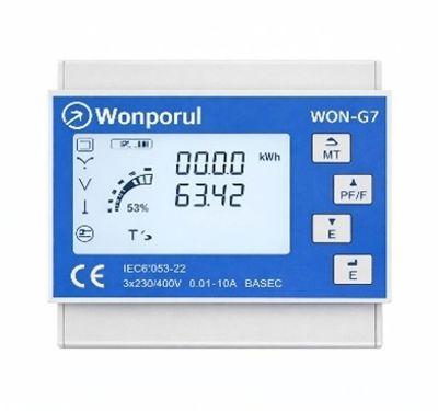 Digital electricity meter displaying usage and voltage.