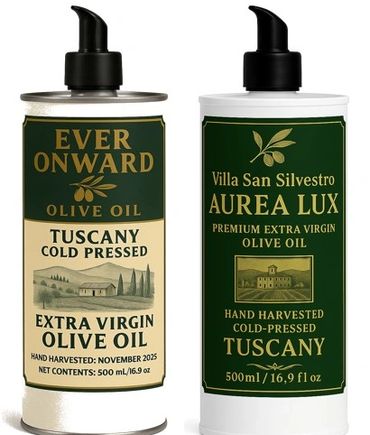 Two bottles of premium Tuscany cold-pressed extra virgin olive oil with elegant labels.