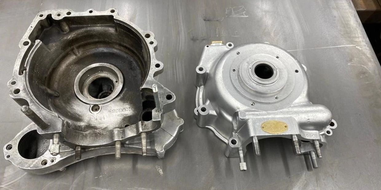 Motorcycle split crank case, side by side, before and after vapour blasting