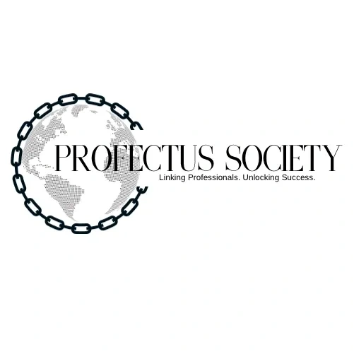 Black and white image of a business logo. The globe surrounded by linked chain with The Profectus So
