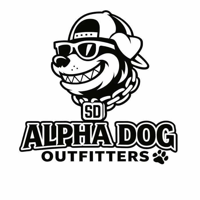 Cool dog logo wearing sunglasses and a cap with bold text Alpha Dog Outfitters.