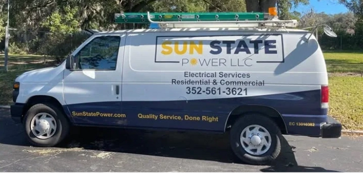 White and blue van with Sun State Power LLC electrical services branding and contact info.